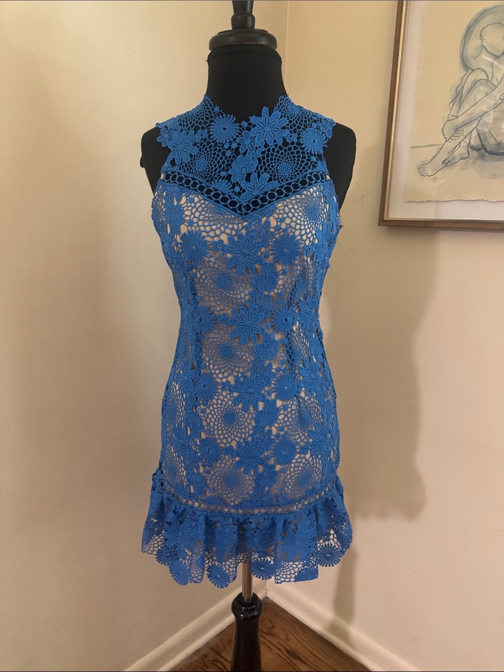 SAYLOR | Blue/Tan Lace Mini Dress with Cut out back-Size XS